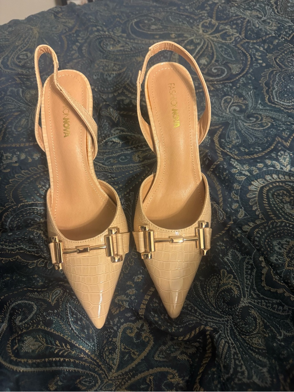 Fashion Nova Beige Croc-Embossed Pointed Toe Slingbacks with Gold Hardware